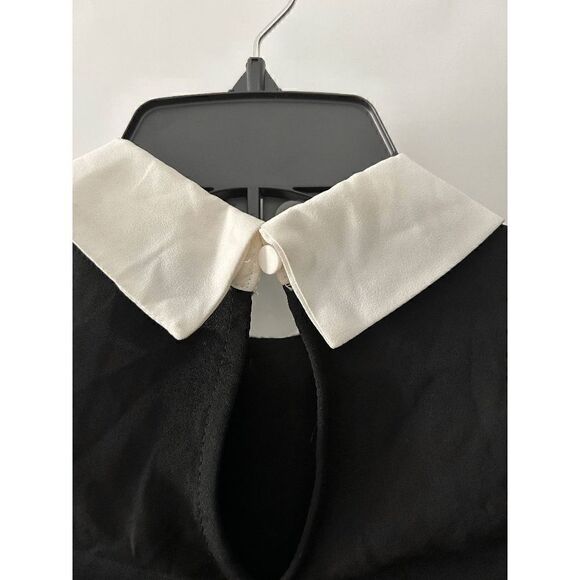 CECE Women's Short Sleeve Color Blocked Collared Blouse Black and White - Picture 7 of 12